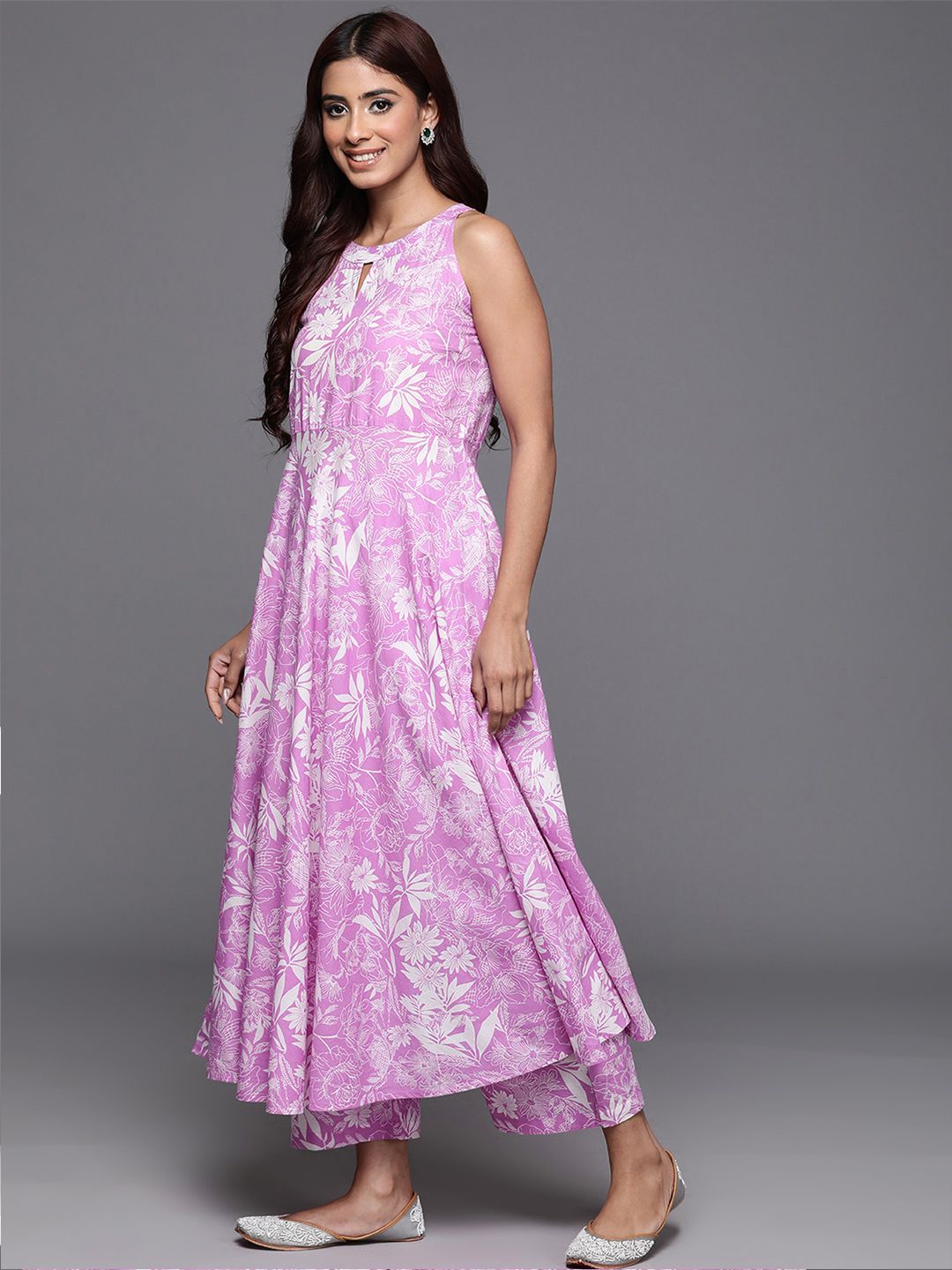 Dhiyona VA Women'sFloral Printed Keyhole Neck Pure Cotton Anarkali Kurta with Palazzos