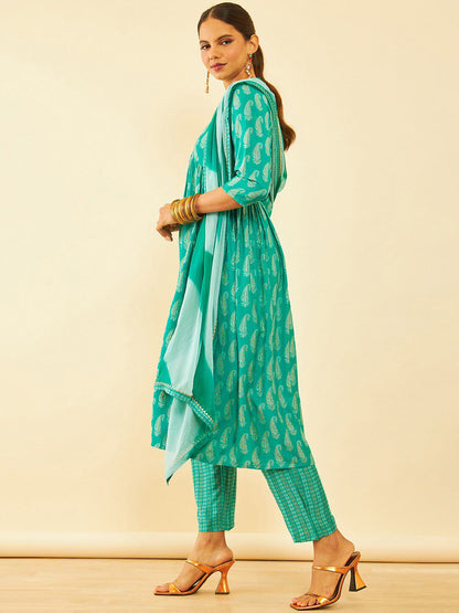 Dhiyona SO Women's Paisley Printed Sequinned Kurta with Trousers & With Dupatta