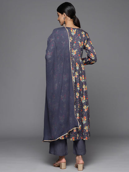 Dhiyona VA Women'sFloral Printed Empire Sequinned Pure Cotton Kurta With Palazzos & With Dupatta