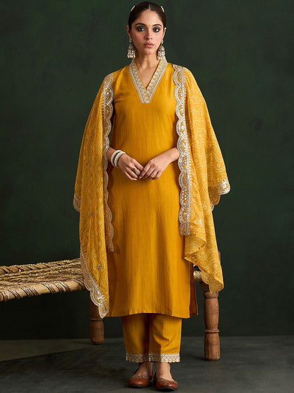 Dhiyona IE Women Ethnic Motifs Embroidered Regular Kurta with Trousers & With Dupatta