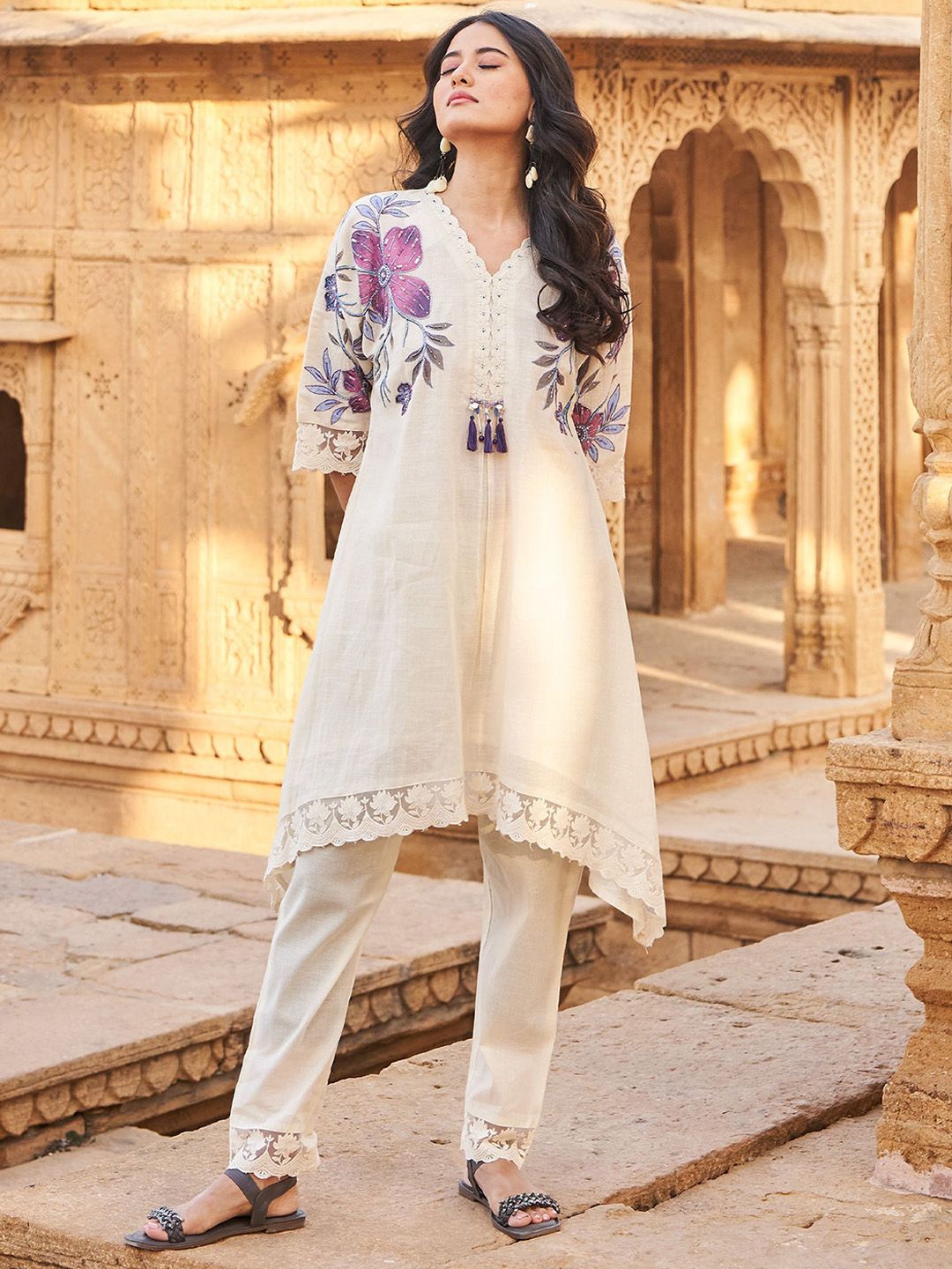 Floral Printed Beads And Stones V-Neck A-Line Pure Cotton Kurta With Trousers
