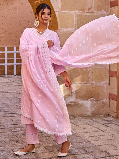 Women Ethnic Motifs Embroidered Cotton Kurta with Trousers & Dupatta