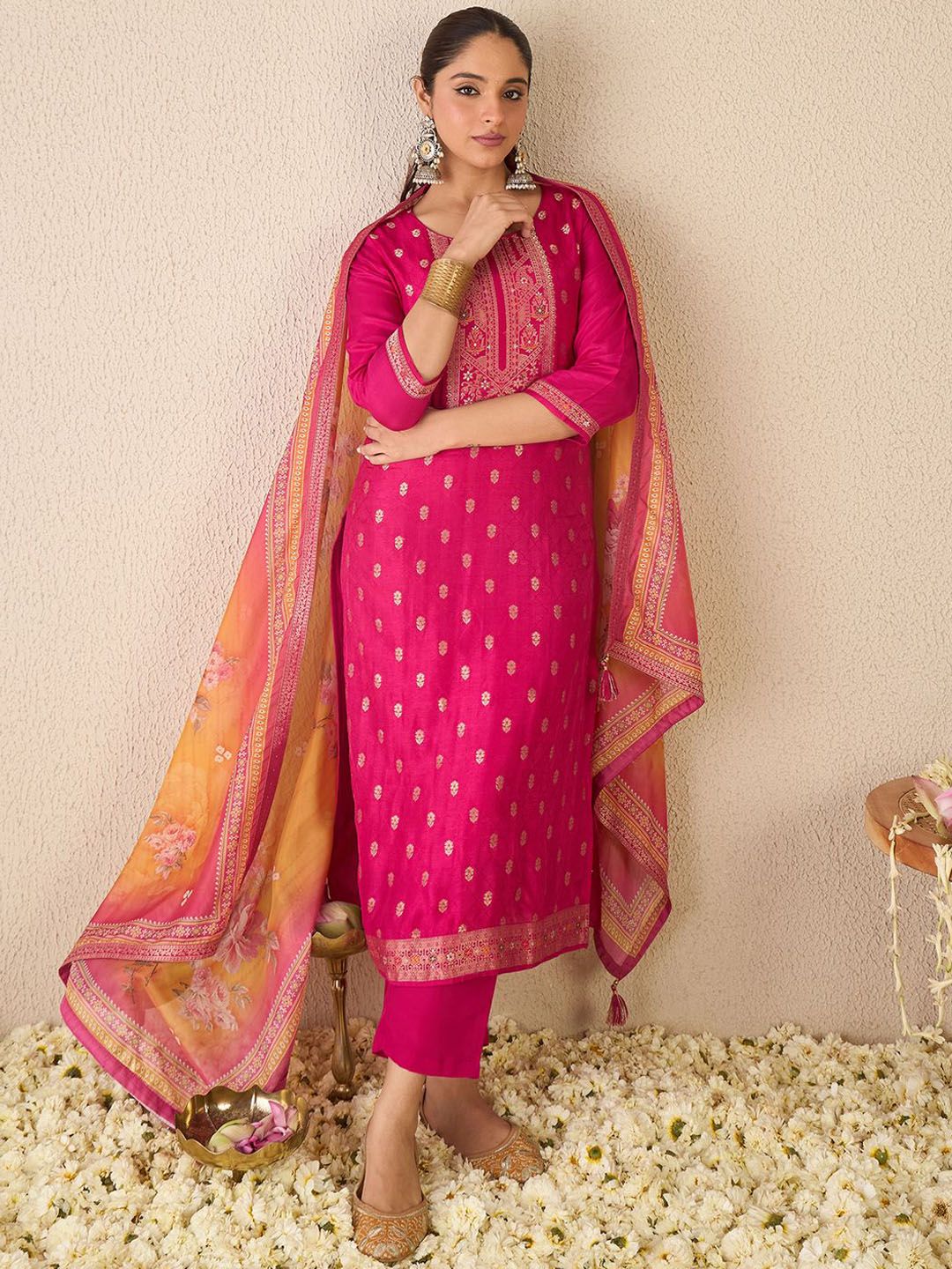 Women Ethnic Motifs Regular Kurta with Trousers & With Dupatta