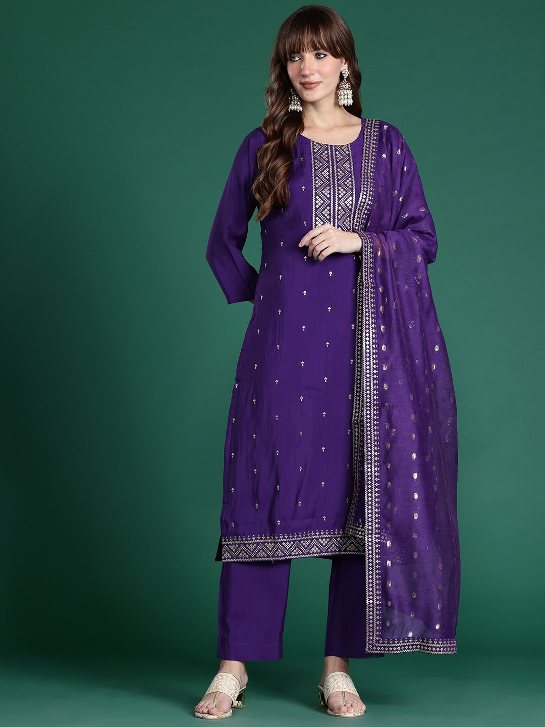 Ethnic Motifs Embroidered Sequinned Kurta with Trousers & Dupatta