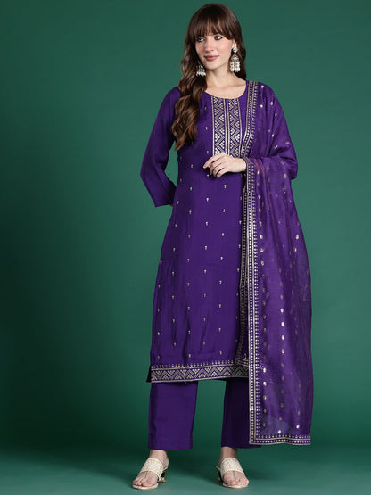 Ethnic Motifs Embroidered Sequinned Kurta with Trousers & Dupatta
