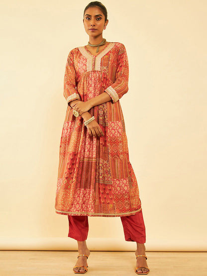 Dhiyona SO Women's Rust Printed Anarkali Kurta with Trousers & Dupatta