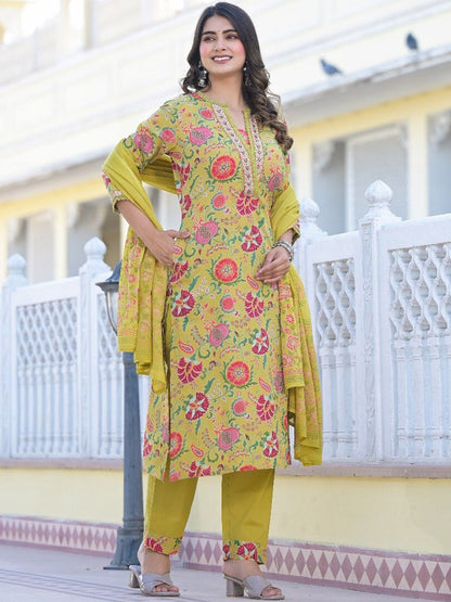 Dhiyona VA Women'sYellow Printed Mirror Work Pure Cotton Straight Kurta With Trousers & Dupatta