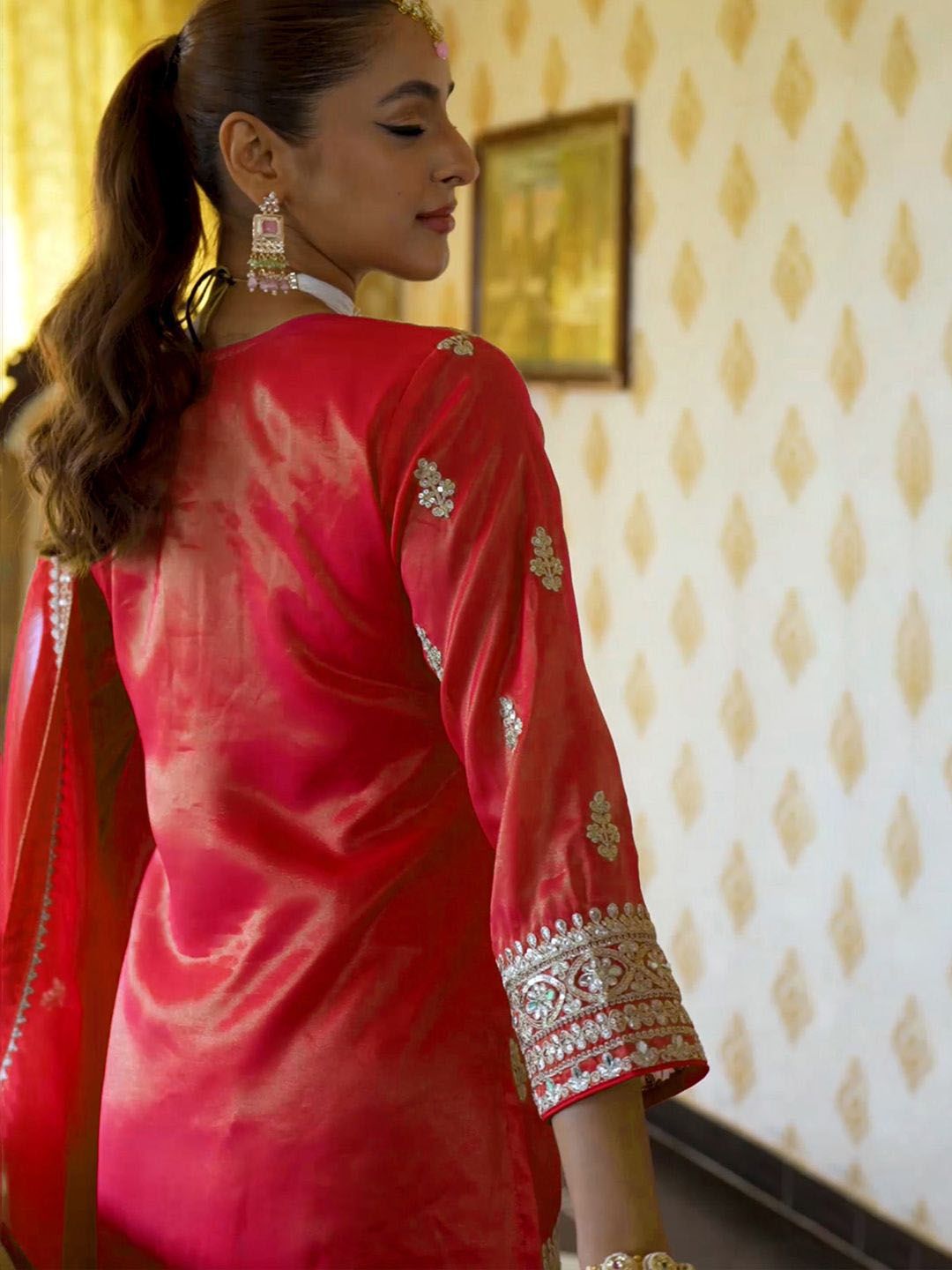 Floral Embroidered Sequnnied Straight Kurta With Palazzos & Dupatta