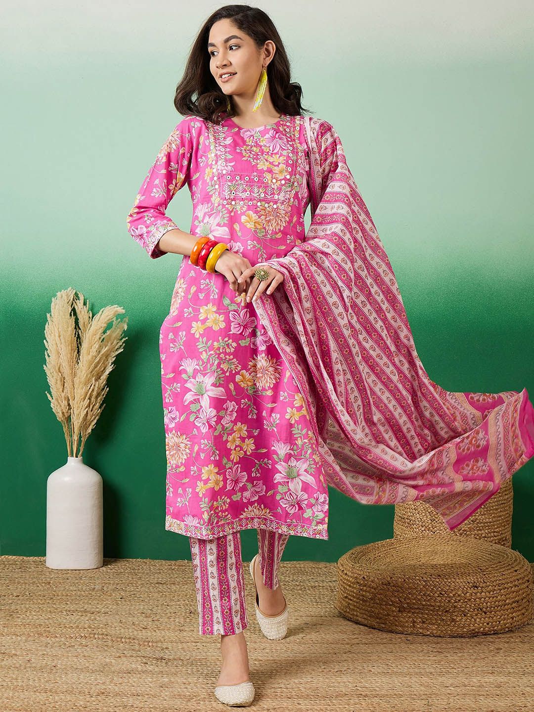 Dhiyona SN Women's Printed Pure Cotton Straight Kurta With Trousers & Dupatta