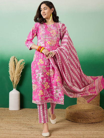 Dhiyona SN Women's Printed Pure Cotton Straight Kurta With Trousers & Dupatta