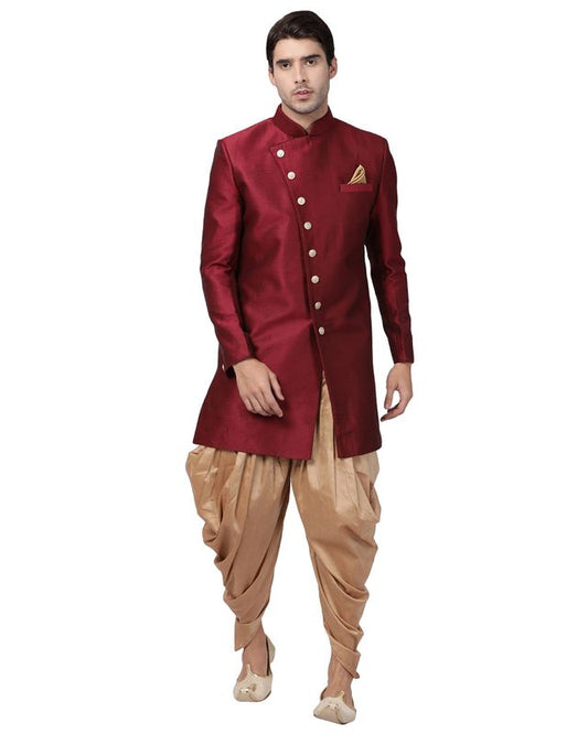 Men's Maroon Silk Blend Straight Sherwani Set