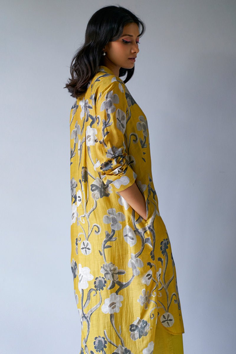 Women's Ceylon Yellow and Grey Bemberg Silk Printed Co-ord Set