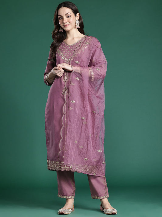 Floral Embroidered Kurta with Trousers & With Dupatta