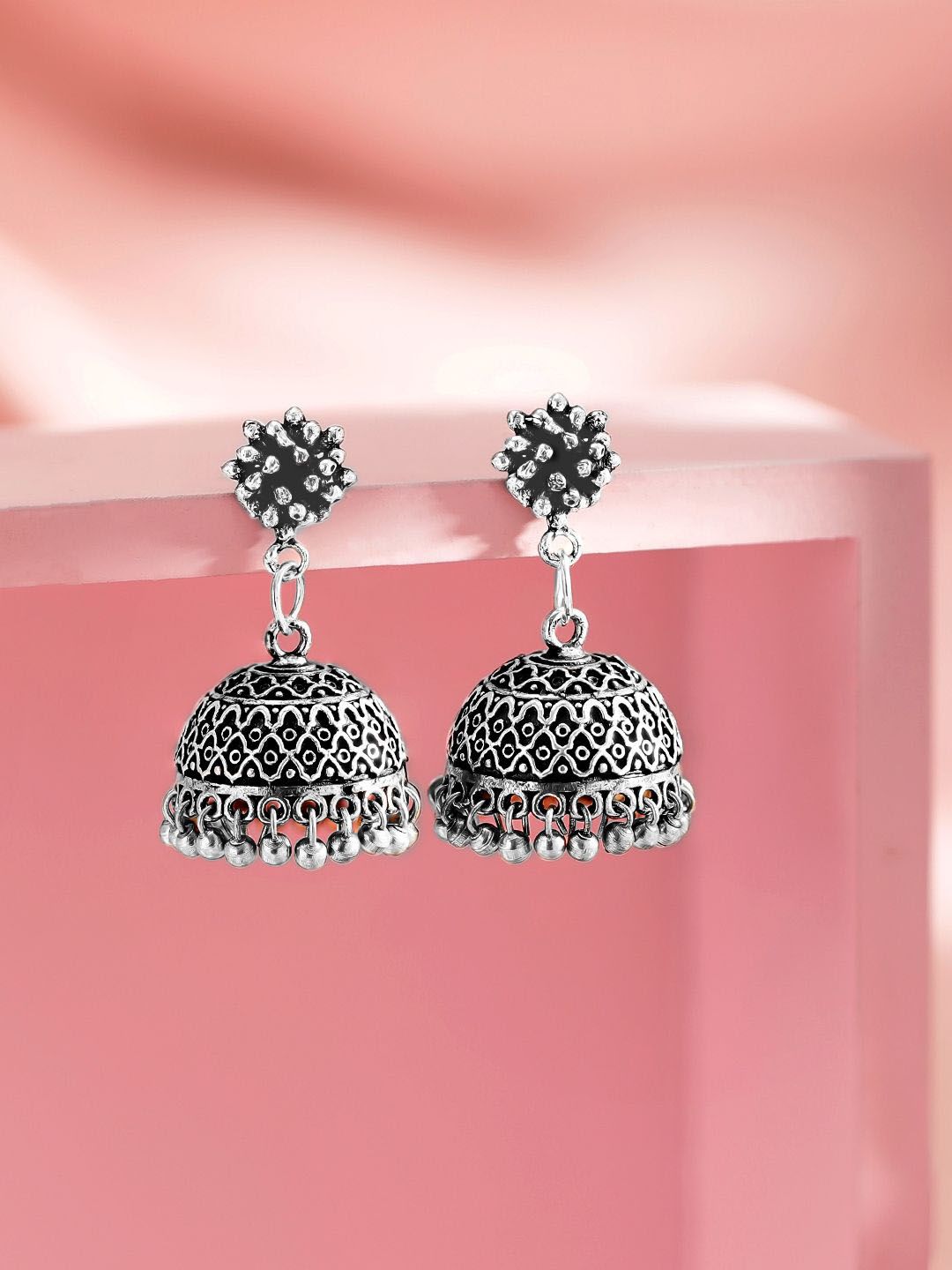 Dhiyona RJ Women's Oxidised Silver-Plated Traditional Jhumka Earrings