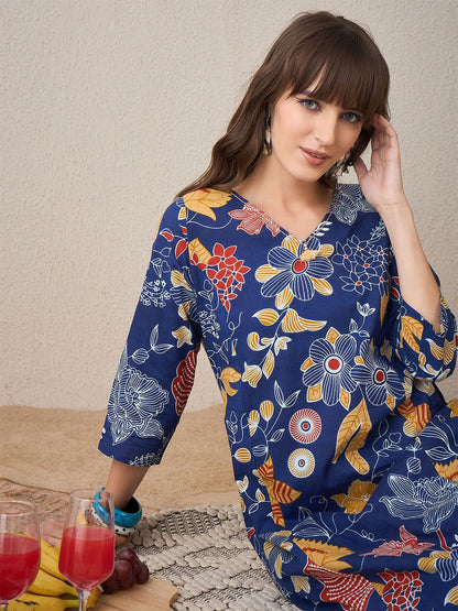 Dhiyona IE Printed V-Neck Pure Cotton A-Line Tunic With Trouser