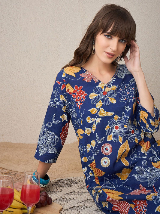 Dhiyona IE Printed V-Neck Pure Cotton A-Line Tunic With Trouser