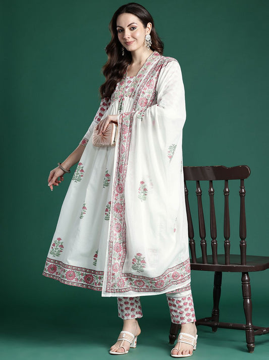 Dhiyona IE Floral Printed Pure Cotton Kurta with Trousers & Dupatta