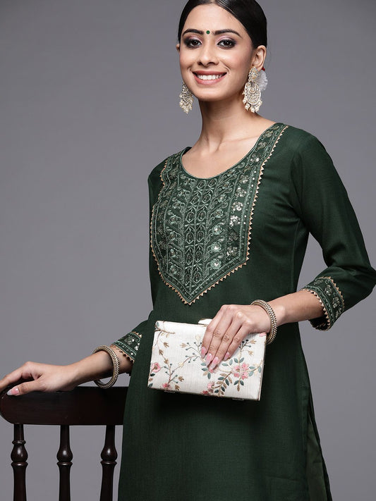 Dhiyona IE Women Green Ethnic Motifs Yoke Design Kurta