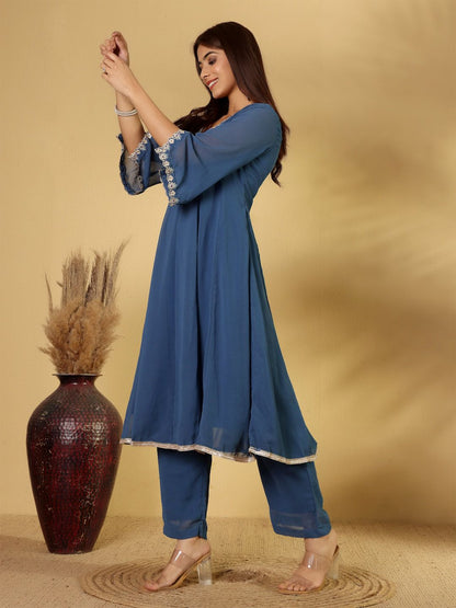Dhiyona VA Women's Panelled Thread Work Anarkali Kurta with Palazzos & Fringed Dupatta