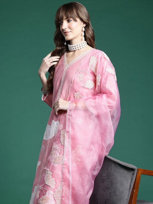 Floral Embroidered Regular Sequinned Kurta with Trousers & Dupatta