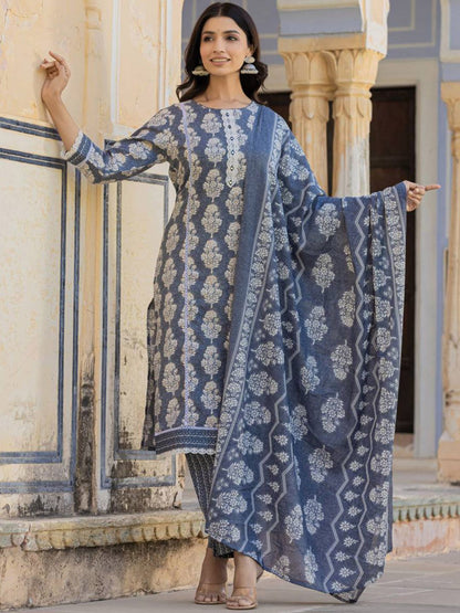 Dhiyona VA Women'sEthnic Motifs Printed Regular Thread Work Kurta with Trouser & Dupatta