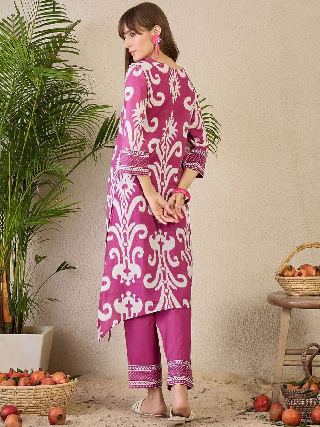 Adults-Women Ethnic Motifs Printed Cotton A-Line Kurta with Trousers