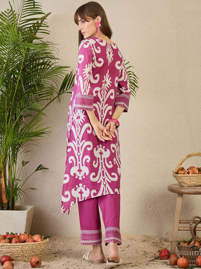 Adults-Women Ethnic Motifs Printed Cotton A-Line Kurta with Trousers