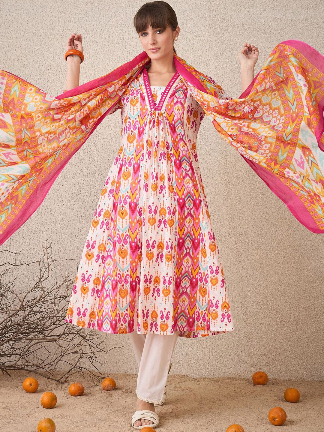 Dhiyona IE Women Printed Panelled Mirror Work Pure Cotton Kurta with Trousers & With Dupatta