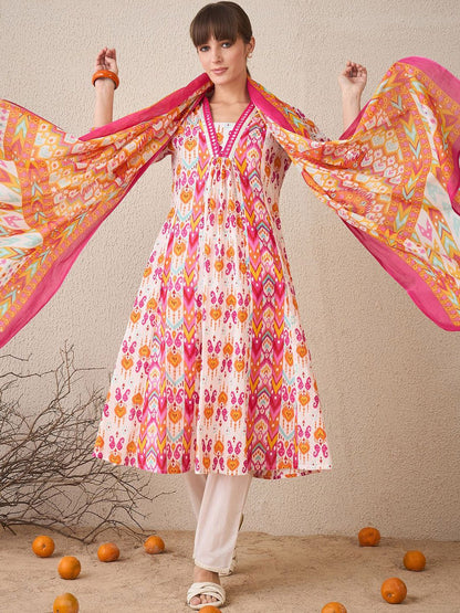 Dhiyona IE Women Printed Panelled Mirror Work Pure Cotton Kurta with Trousers & With Dupatta