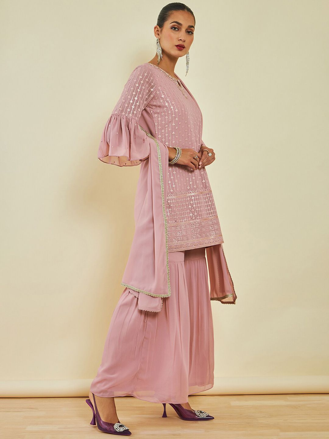 Dhiyona SO Women's Sequin Embellished Kurta with Sharara & Dupatta