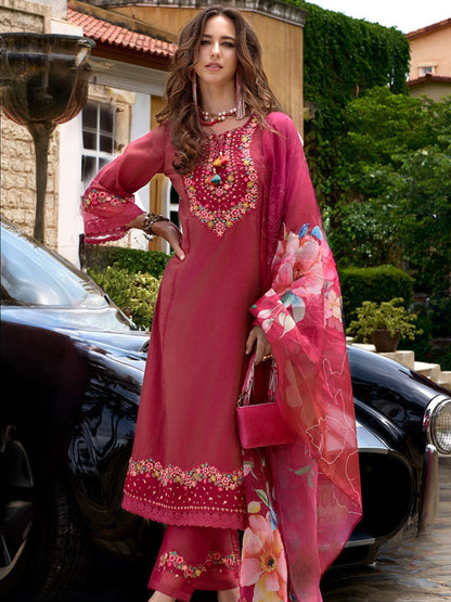Floral Embroidered Thread Work Kurta with Trousers & Dupatta
