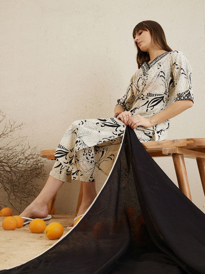 Dhiyona IE Printed Regular Mirror Work Pure Cotton Kurta with Trousers & Dupatta