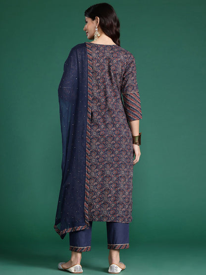Plus Size Ethnic Motifs Printed Sequinned Pure Cotton Kurta Set