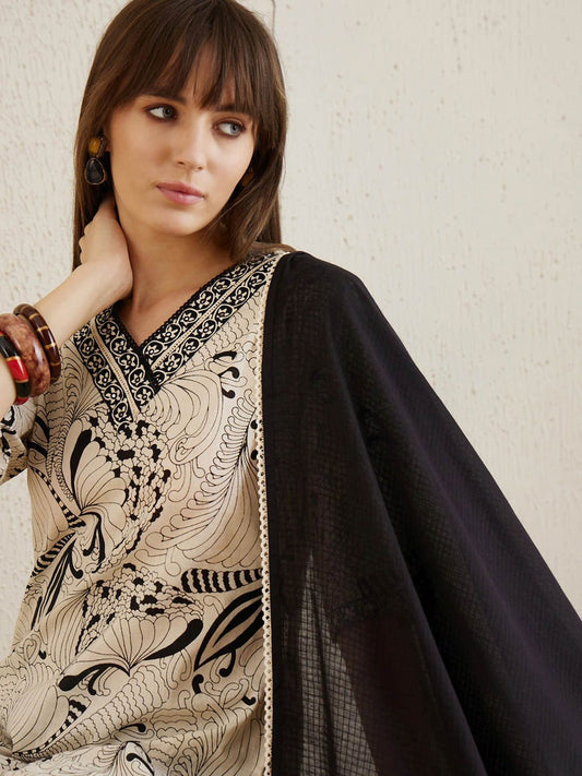 Dhiyona IE Printed Regular Mirror Work Pure Cotton Kurta with Trousers & Dupatta