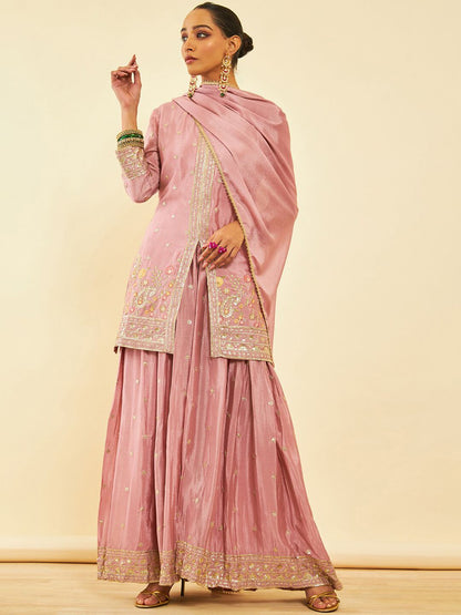 Dhiyona SO Women's Alina Cut Pink Ethnic Motifs Embroidered Regular Sequinned Kurta With Palazzos & Dupatta