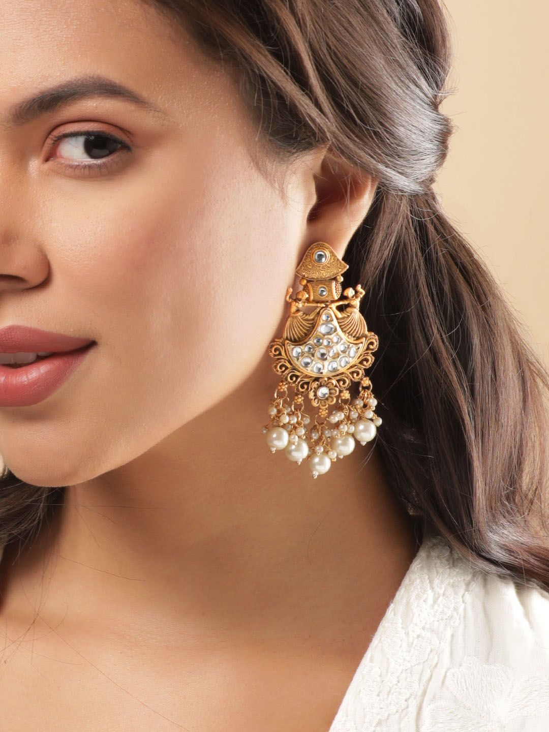 Dhiyona RJ Women's 22K Gold-Plated Kundan Studded with Pearl Drops Chandbali Earrings