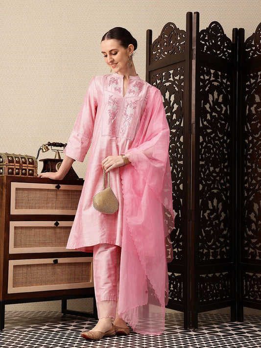 Dhiyona PD Women Floral Yoke Design Thread Work Jashn Kurta with Trousers & Dupatta