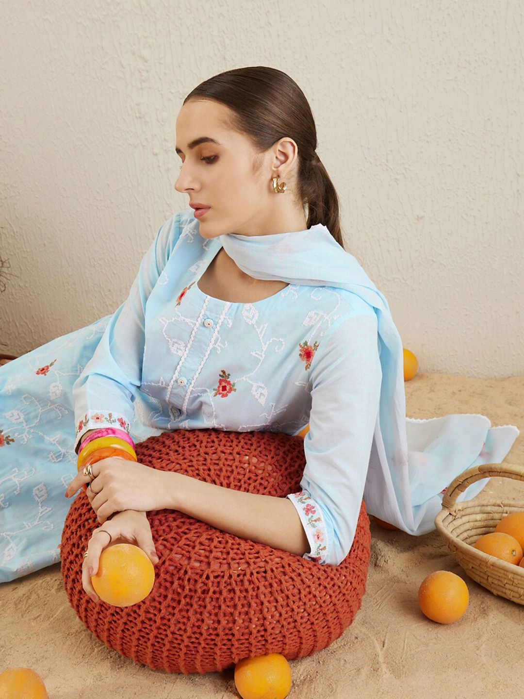 Dhiyona IE Round Neck Ethnic Embroidered Pure Cotton Kurta with Trouser & Dupatta