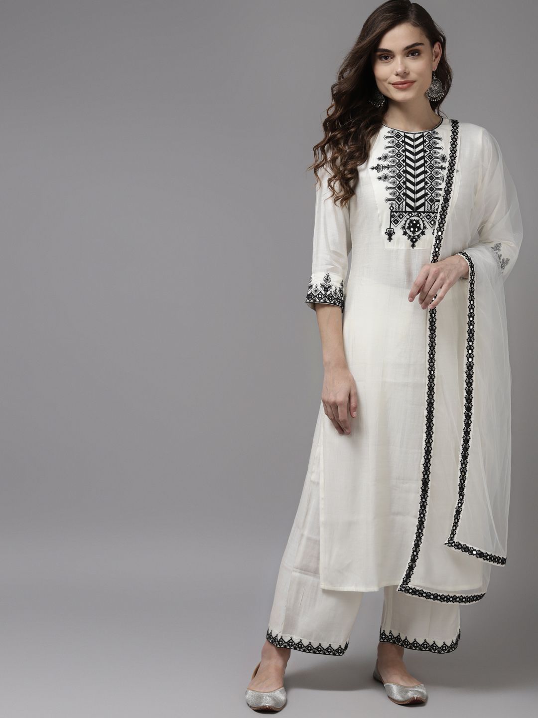 Dhiyona IE Women White Floral Yoke Design Regular Mirror Work Kurta with Palazzos & With Dupatta
