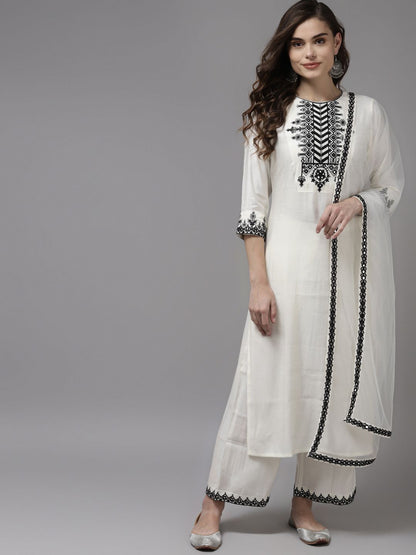 Dhiyona IE Women White Floral Yoke Design Regular Mirror Work Kurta with Palazzos & With Dupatta