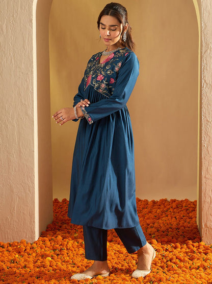 Dhiyona IE Floral Yoke Design Empire A-Line Sequinned Liva Kurta with Trousers
