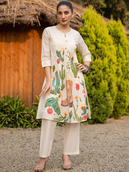 Floral Printed Round Neck A-LIne Pure Cotton Kurta WIth Trousers