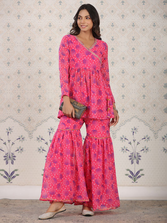 Dhiyona OD  Red Bandhani Printed Angrakha A-Line Kurti With Sharara
