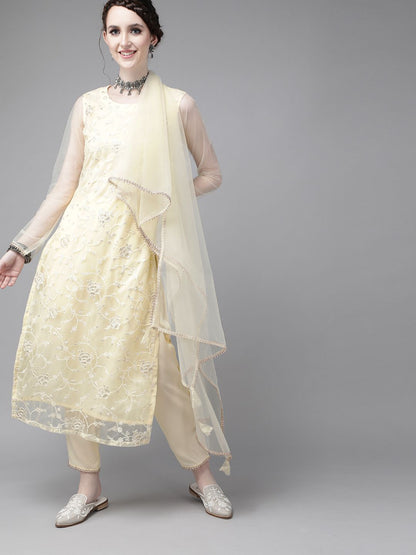 Dhiyona IE Women Yellow Ethnic Motifs Embroidered Thread Work Kurta with Trousers & Dupatta