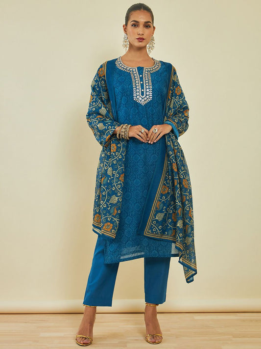 Dhiyona SO Women's Ethnic Motifs Printed Gotta Patti Chanderi Silk Kurta with Trousers & With Dupatta