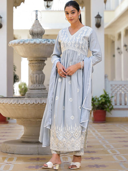 Dhiyona VA Women'sEthnic Motifs Embroidered Empire Anarkali Kurta with Trouser & Dupatta