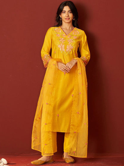 Women Floral Woven Design Kurta with Trousers & Dupatta