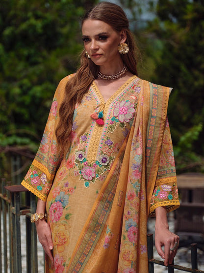 Women Floral Embroidered Beads and Stones Linen Kurta, Trousers With Dupatta