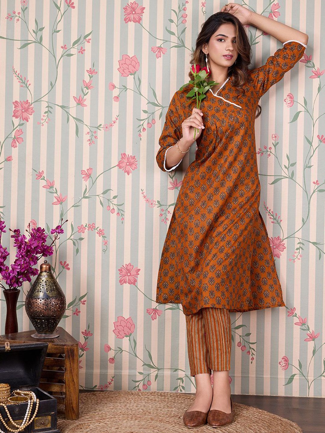 Dhiyona OD  Floral Printed Angrakha Pure Cotton Kurta with Trousers