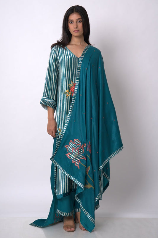 Women's Peacock Blue and Off White Silk Velvet Salwar Suit